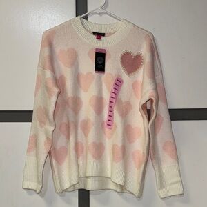 Vince Camuto Cream Crewneck Sweater with Pink Heart Pattern and Pearl Accent